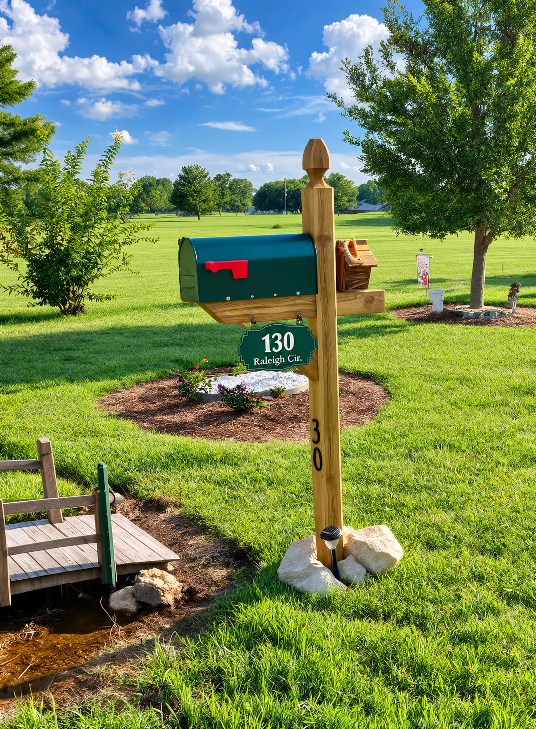 Custom wood mailbox post with house-number sign and birdhouse mount